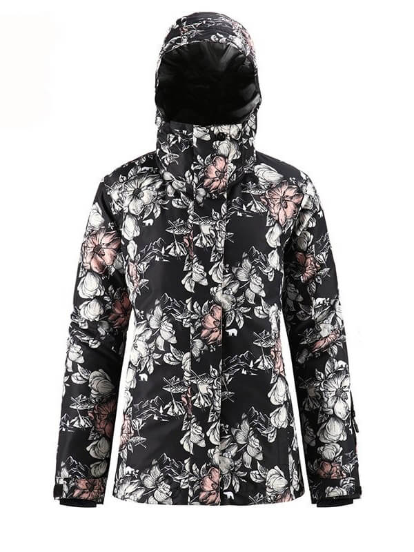 Stylish floral waterproof ski jacket for women, perfect for skiing and snowboarding, featuring a hooded collar for extra warmth.